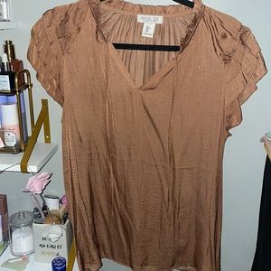 Rachel Zoe brown satin top with ruffles and tie top Sz L